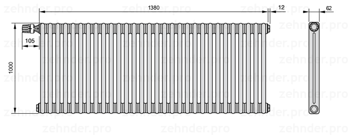 Схема (чертеж) Радиатор Zehnder Charleston 2100/30 №V011 Белый глянцевый RAL 9016